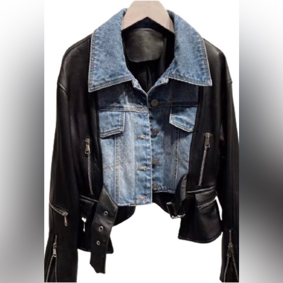 Leather Denim Moto Jacket - Picture 1 of 2